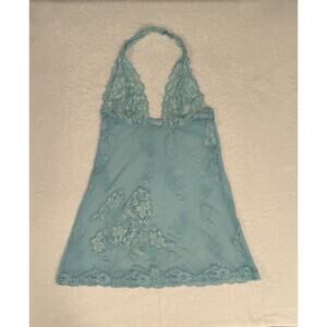 y2k fredericks of hollywood turquoise mesh & lace floral halter slip dress M